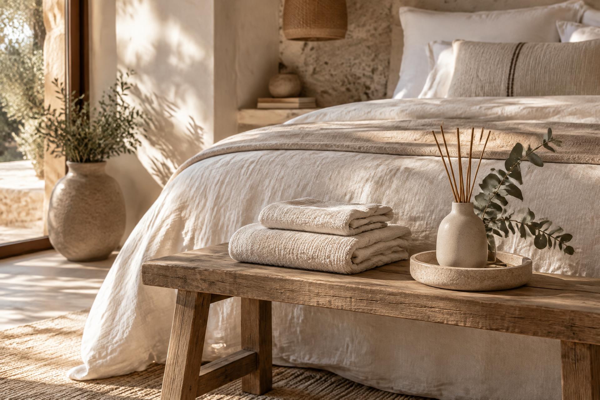 Dormitorio luminoso con textiles de lino, toallas y un difusor de aromas